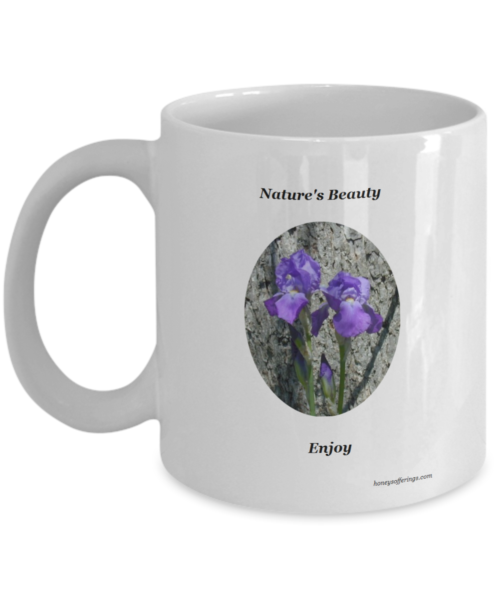 Tea Mug with Purple Iris Flower Purple Iris Tea Mug - Tea Mug with beautiful purple iris flowers. This mug will give you an uplifting feeling when drinking your morning tea and viewing this beautiful gift of nature.