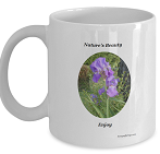 Purple Iris Coffee Mug showing beautiful single purple iris flower - Nature Lovers Purple Coffee Mug Gift Purple Iris Mug for the Flower Lover. This coffee mug makes a great gift to yourself or someone else who is a lover of iris. The purple iris is symbolic of wisdom and compliments. The blue iris symbolizes faith and hope. Enjoy the beauty of this flower on the side of your iris mug everyday.